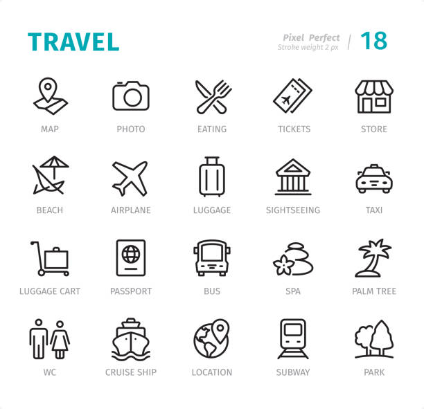 reisen - pixel perfekte linie symbole mit bildunterschriften - usa airport airplane cartography stock-grafiken, -clipart, -cartoons und -symbole