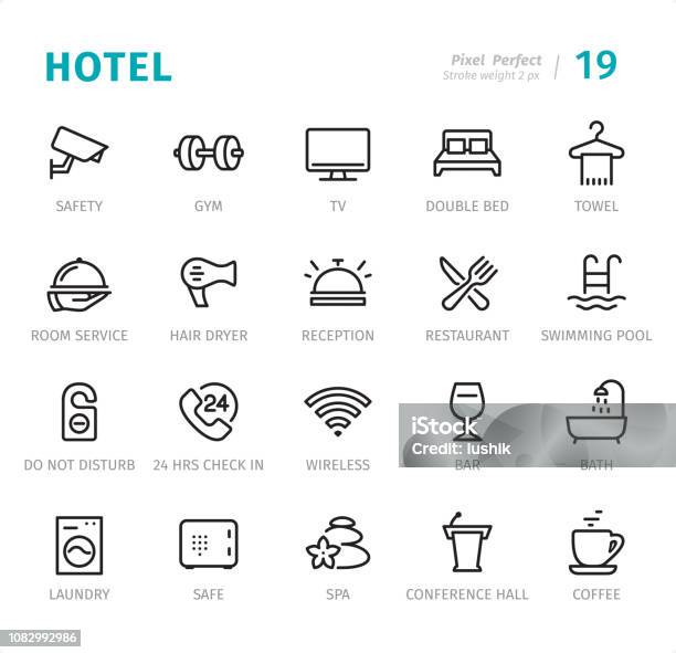 ホテルのサービス キャプション付きピクセル完璧な線のアイコン - アイコンのベクターアート素材や画像を多数ご用意 - アイコン, ホテル, 監視カメラ