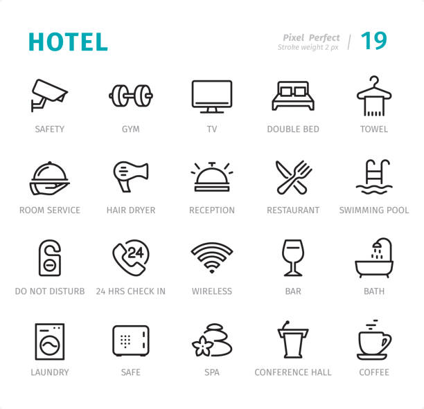 Hotel Service - Pixel Perfect line icons with captions Hotel Service - 20 Outline Style - Single line icons with captions / Set #19 / Designed in 48x48pх square, outline stroke 2px.

First row of outline icons contains:
Safety, Gym, TV, Double Bed, Towel;

Second row contains:
Room Service, Hair Dryer, Reception, Restaurant, Swimming Pool;

Third row contains:
Do Not Disturb, 24 Hrs Check in, Wireless, Bar, Bath;

Fourth row contains:
Laundry, Safe, Spa, Conference Hall, Coffee.

Complete Signico collection - https://www.istockphoto.com/collaboration/boards/VT_7sDWo80OLh7foVxchBQ room service stock illustrations