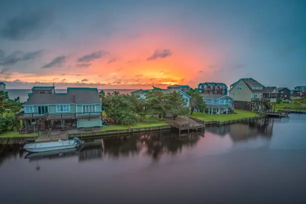 The sun sets behind a row of waterfront cottages on Hatteras Island, NC.