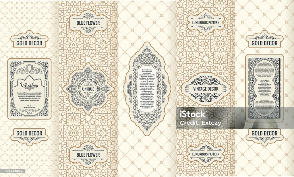 Vector set of design elements labels, icon, frame, luxury packaging for the product Vector set of design elements labels, icon, frame, luxury packaging for the product. Vertical black cards on a white background. Templates vintage ornament Pattern stock vector