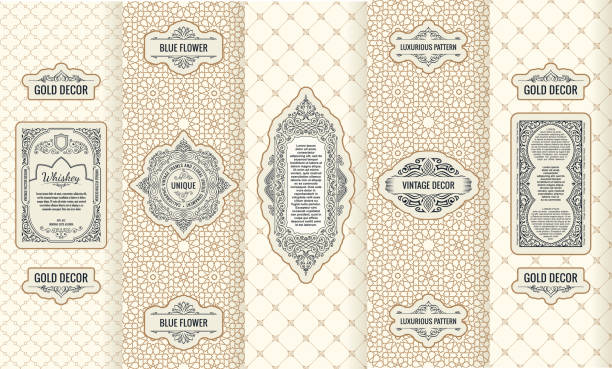 Vector set of design elements labels, icon, frame, luxury packaging for the product Vector set of design elements labels, icon, frame, luxury packaging for the product. Vertical black cards on a white background. Templates vintage ornament label patterns stock illustrations