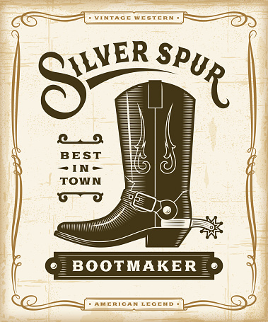 Vintage western bootmaker label graphics in woodcut style. Editable EPS10 vector illustration with transparency.