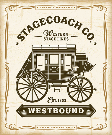 Vintage western stagecoach label graphics in woodcut style. Editable EPS10 vector illustration with transparency.