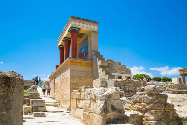 Greece, Crete. Knossos ruins, ceremonial and political centre of the tsar Minos. Archaeological site connected with legends of Daedalus, Minotaur, Ariadne and Icarus Greece, Crete, Heraklion - July 18, 2018: Knossos ruins, ceremonial and political centre of the tsar Minos. Archaeological site connected with legends of Daedalus, Minotaur, Ariadne and Icarus minotaur photos stock pictures, royalty-free photos & images