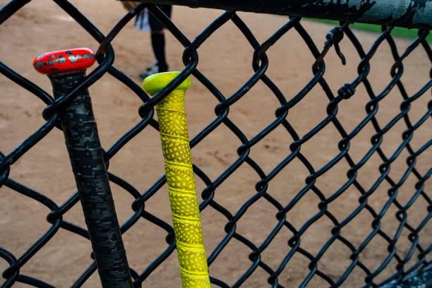 istock baseball / softball bats on a batting fence 1083019542