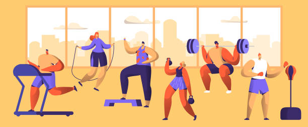 ilustrações de stock, clip art, desenhos animados e ícones de gym workout character set. sport cardio fitness man and woman figure collection. healthy aerobic weightlifter, boxer exercise with dumbbell. flat vector illustration - healthy lifestyle men boxing dumbbell