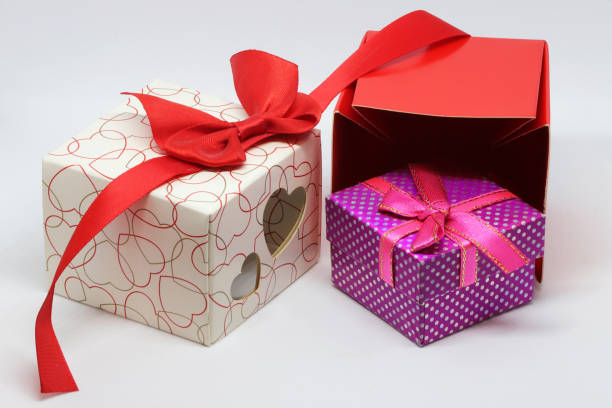 istock Red, white and purpure gift boxes with hearts. 1083052852