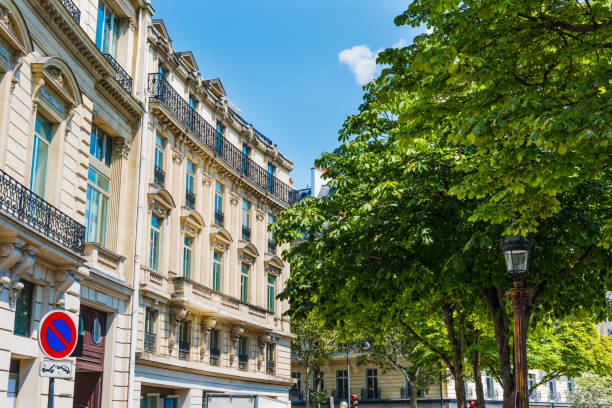 istock Green trees by luxury buildings in Paris 1083061264