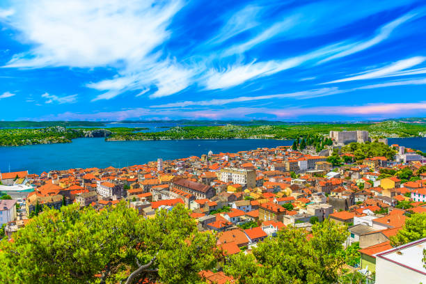 Aerial view at famous cityscape of old town Sibenik, UNESCO World Heritage Site in Dalmatia region, Croatia.