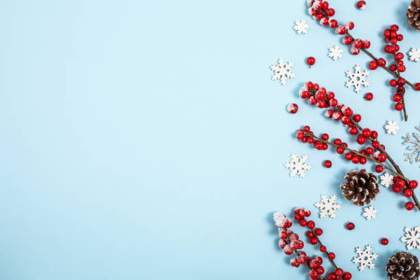 istock Christmas composition with icing red berries on branches, cones ans many snowflakes on pastel blue background with copy space. 1083070276