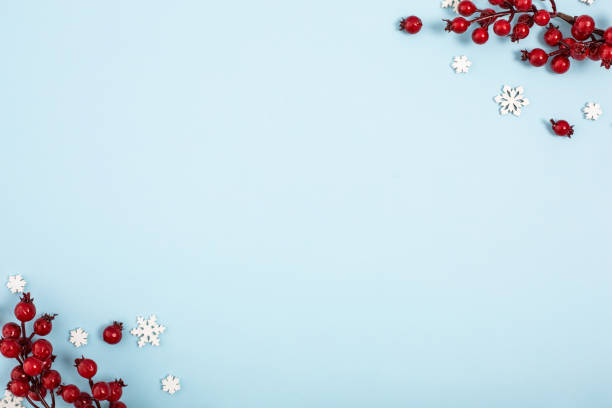 istock Christmas winter composition. Frame made with red berries and snowflakes on pastel blue background. Flat lay. 1083070296