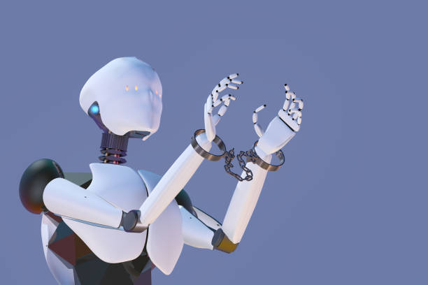 istock 3D render of humanoid artificial intelligence robot slaved by handcuffs on the wristsclamps 1083084032