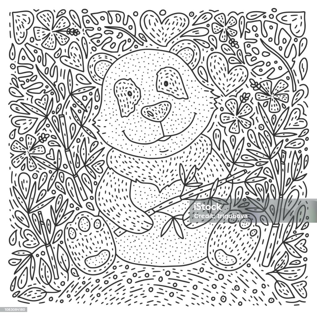 Panda bear Illustration vector with bamboo. Hand drawn cartoon card. Panda bear doodle Illustration with bamboo. Hand drawn detailed cartoon card. Vector coloring page. Animal stock vector