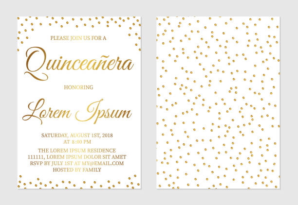 Gold glitter confetti Quinceañera invitation card  front and back side. Golden polka dots girl’s 15th birthday party invite. Spanish and Latin countries traditions. Gold glitter confetti Quinceañera invitation card  front and back side. Golden polka dots girl’s 15th birthday party invite. Spanish and Latin countries traditions. Easy to edit vector template. quinceanera stock illustrations