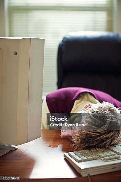 Sleeping Worker Drools In Office Stock Photo - Download Image Now - Computer, Sleeping, Adult