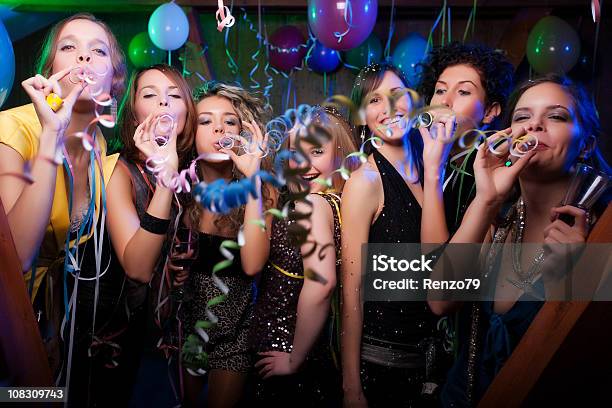 Happy Friends On A Party Photoshoot Stock Photo - Download Image Now - 20-29 Years, Adult, Adults Only