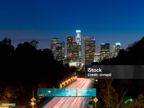 Los Angeles Skyline At Dusk Stock Photo - Download Image Now - Aerial View, Architecture, Blue