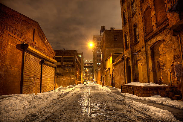 the first snow in the old port of Montreal, on St-Paul Street. Winter Quebec Canada
