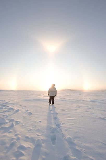 Arctic Sundogs or Parhelion At -40C, a woman walks towards a rare display in the sky known as "Sundogs".  The bright center is the actual sun with the mirror images of it reflected in suspended ice crystals in the atmosphere.   This was taken on Great Slave Lake near Yellowknife in Canada's Arctic. great slave lake stock pictures, royalty-free photos & images