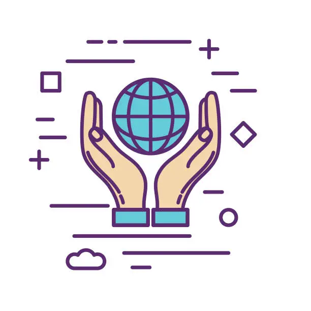 Vector illustration of Hands Holding Globe Charity And Donation Thin Line Icon Set