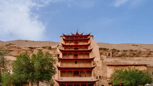 View of the Nine-Level Building at Mogao Caves in Dunhuang, Gansu, China