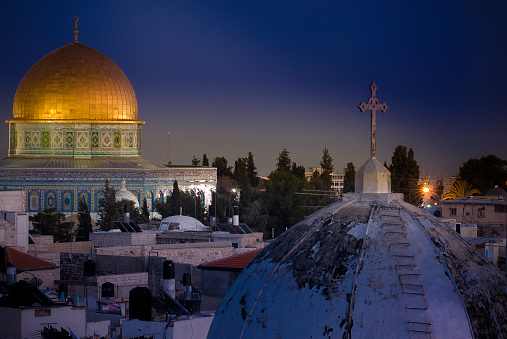 Church in Jerusalem and Dome of the Rock.  Sunset photo...