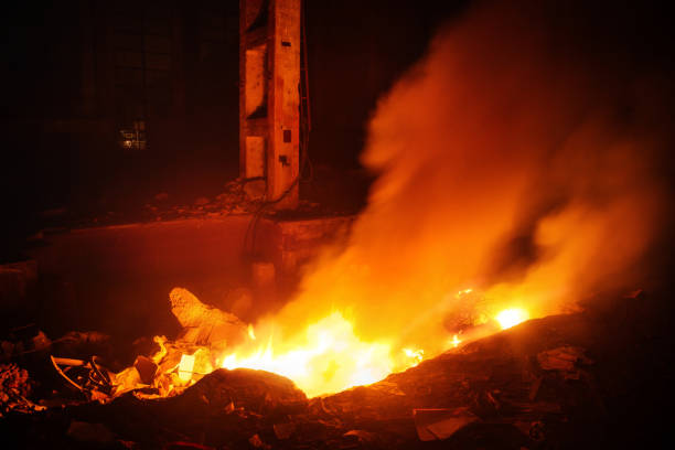istock Fire in the factory. Burning industrial building interior 1083107818