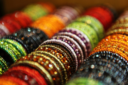 Bangles made of colorful beads on stall in Spice Bazar, Misir Carsisi, or Egyptian Bazaar in Istanbul, Turkey.