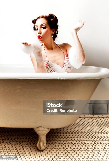 Retro Pinup Girl In The Bathtub Stock Photo - Download Image Now - 20-29 Years, Adult, Adults Only