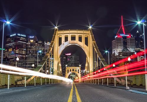 Light trails over a bridge in Pittsburgh, PA.