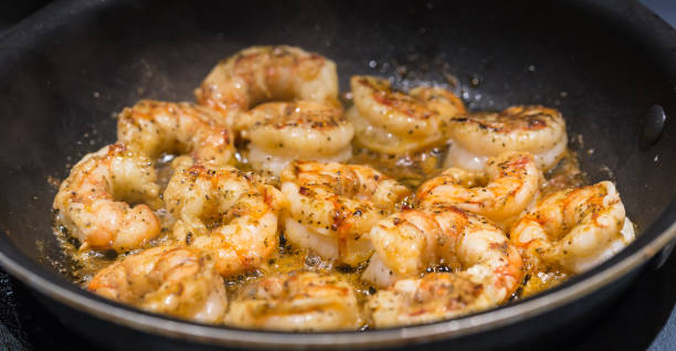 Seasoned Sauteed Royal Red Shrimp in Butter Sauce stock photo