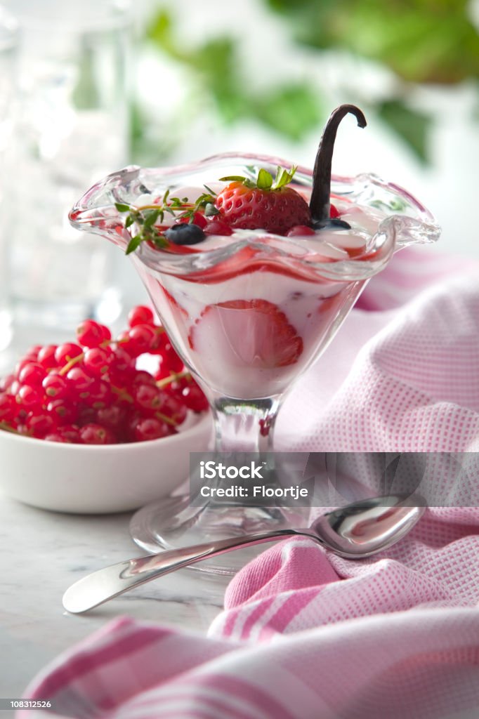 Desserts: Yoghurt and Fruit Still Life  Color Image Stock Photo