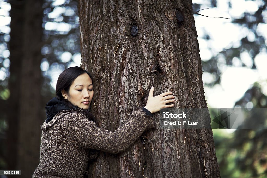 Bella Donna asiatica huging un albero all'aperto - Foto stock royalty-free di Donne