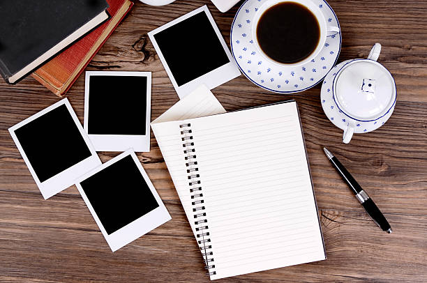 istock Folded spiral notebook with coffee and photo prints 108314400