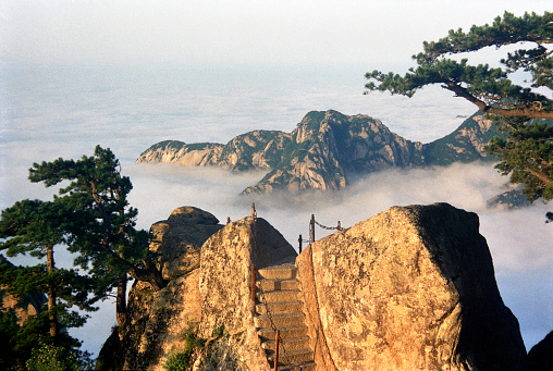stairs and hiking path to baegundae mountain peak in bukhansan national park, seoul prefecture, south korea.