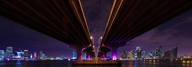 The MacArthur Causeway from below, going to Miami Beach, shoot at night with the city skyline and the Downtown - Brickell and Biscayne skyline in the background