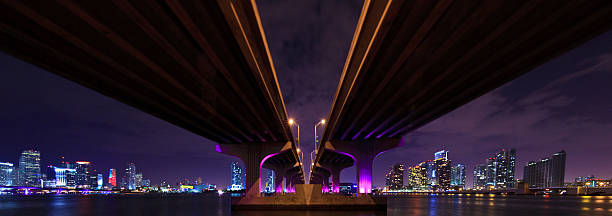 Panorama of the MacArthur Causeway in Miami The MacArthur Causeway from below, going to Miami Beach, shoot at night with the city skyline and the Downtown - Brickell and Biscayne skyline in the background parallel photos stock pictures, royalty-free photos & images
