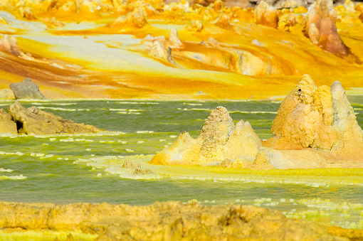 Volcanic geothermal landscape which consists of chalk, sulfur and algae at thermal springs in volcanic surroundings. The picture is taken at the Sipoholon hot springs in the northern part of Sumatra