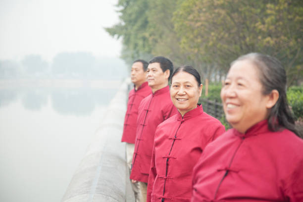 Chinese people in uniform in park