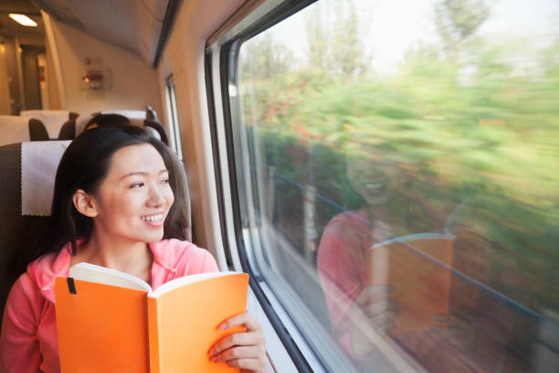 Chinese woman reading on train