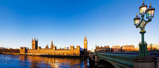 istock Distant view over water of Big Ben under clear blue sky. 108315924