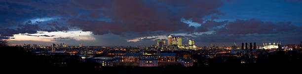 Evening view of Canary Wharf and the City, London stock photo