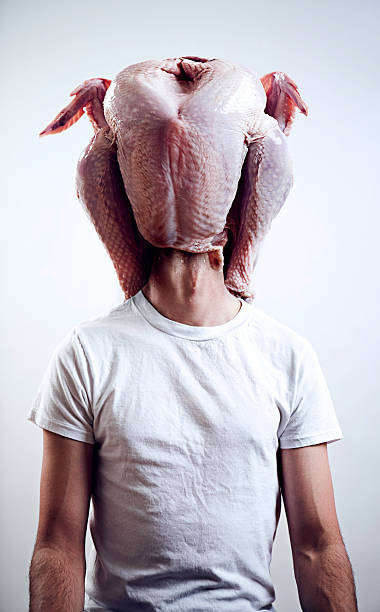 Turkey Head A portrait of a man's head stuck inside (or intentionally wearing)  a large uncooked turkey carcass.  Ewwww. turkey bird stock pictures, royalty-free photos & images
