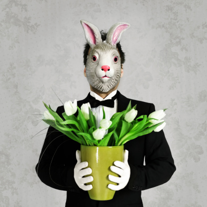 Man with bunny mask holding tulips