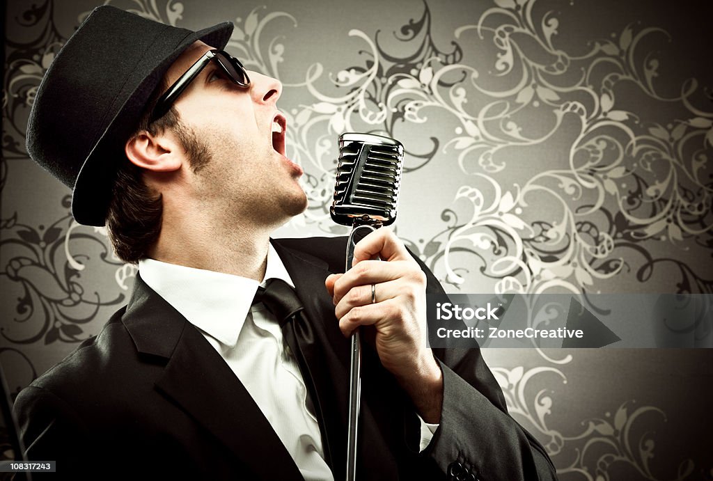 man singing with microphone  Blues Music Stock Photo