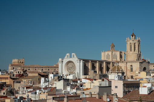 The Cathedral of Tarragona, a Roman Catholic church in Tarragona, Catalonia, Spain. Built on the site of a Roman temple dating to the time of Tiberius, a Visigothic cathedral, and a Moorish mosque. Romanesque and Gothic styles.