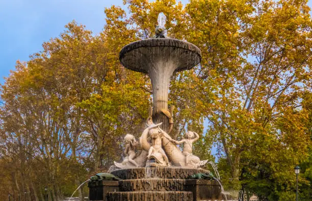 Photo of Autumn scenes in the The Buen Retiro Park , Madrid, Spain. It belonged to the Spanish Monarchy until the late 19th century, when it became a public park.