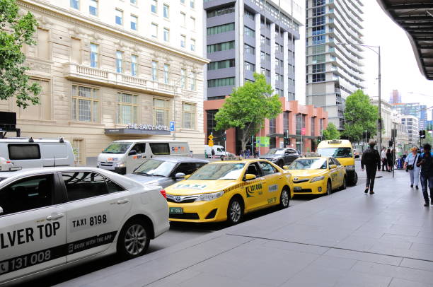 Melbourne Australia - November 28, 2018: Taxis wait for passengers at Southern Cross train station in Melbourne Australia