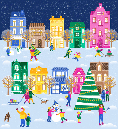 Large festive set with a winter city. People are preparing for Christmas. Children enjoy winter, sledding, make a snowman.